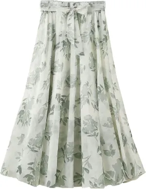 Women's Summer Chiffon Floral Long Skirt,Soft Ladies Bohemian Style Midi Flowy Skirt Elastic Print Maxi Casual Skirt