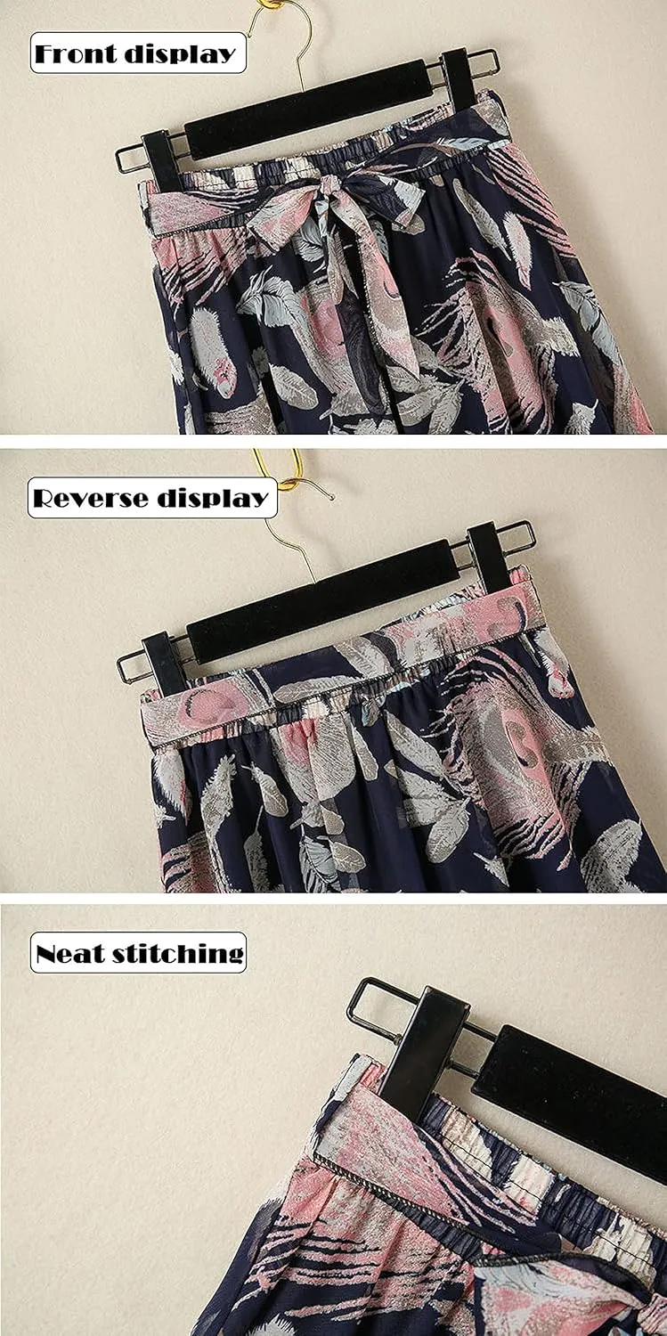 Women's Summer Chiffon Floral Long Skirt,Soft Ladies Bohemian Style Midi Flowy Skirt Elastic Print Maxi Casual Skirt