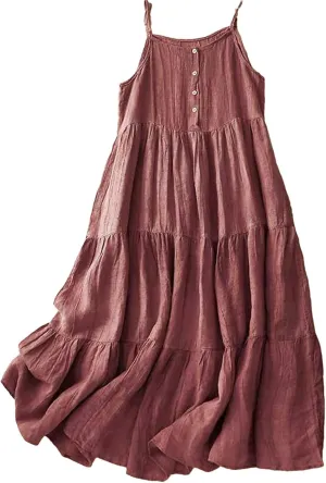 Women's Summer Cotton Linen Cami Dress Dressy Casual Plus Size Button Down Sun Dress Trendy Comfy Summer Lounge Outfits