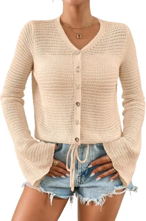 Women's Summer Crochet Lightweight Cardigan Sweater Cropped Button Down Hollow Out Long Sleeve Bolero Shrug