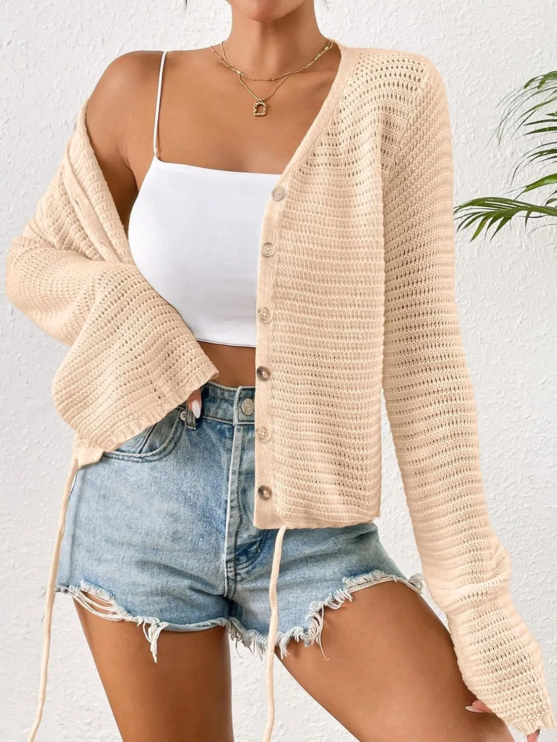 Women's Summer Crochet Lightweight Cardigan Sweater Cropped Button Down Hollow Out Long Sleeve Bolero Shrug