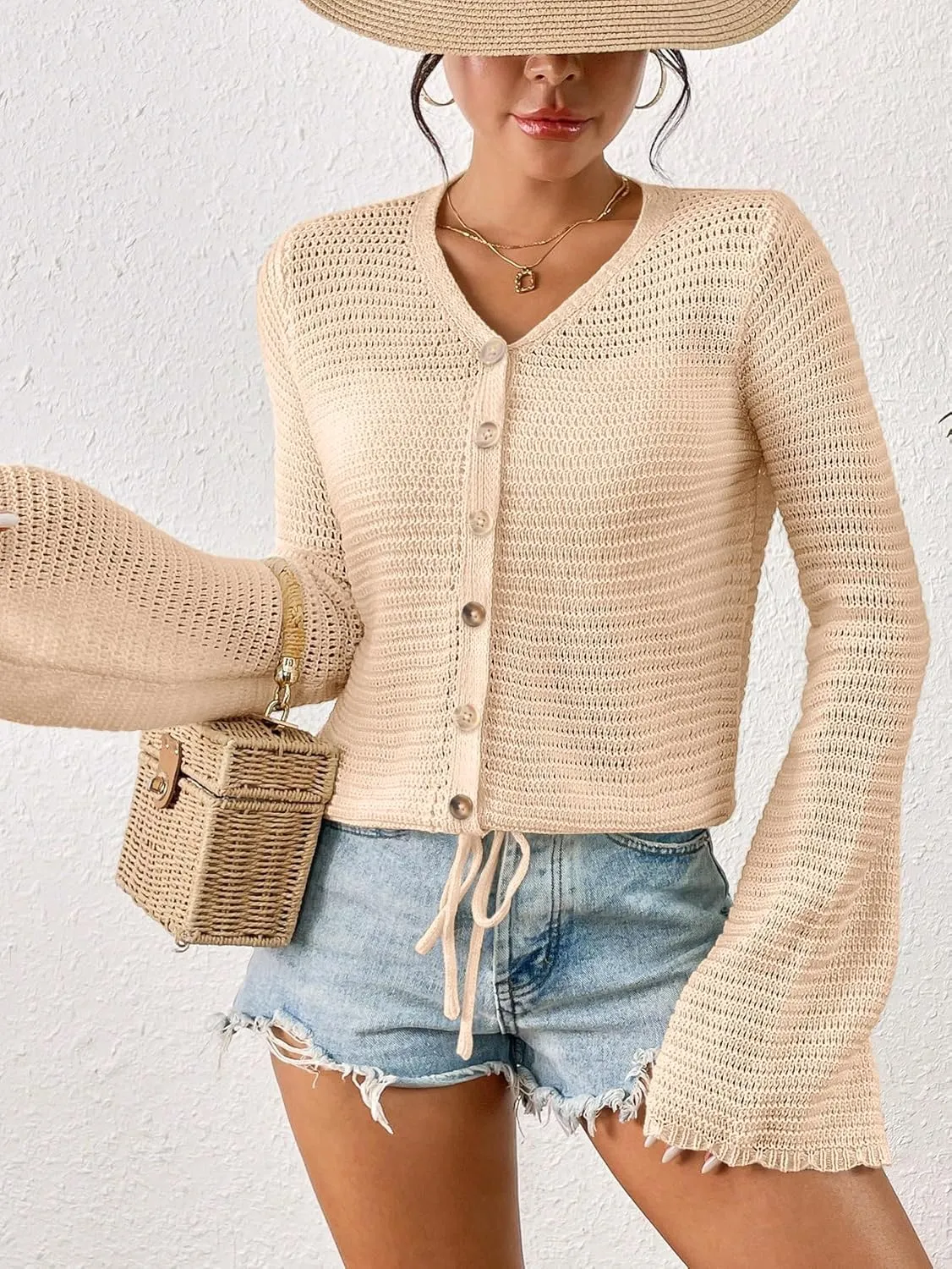 Women's Summer Crochet Lightweight Cardigan Sweater Cropped Button Down Hollow Out Long Sleeve Bolero Shrug