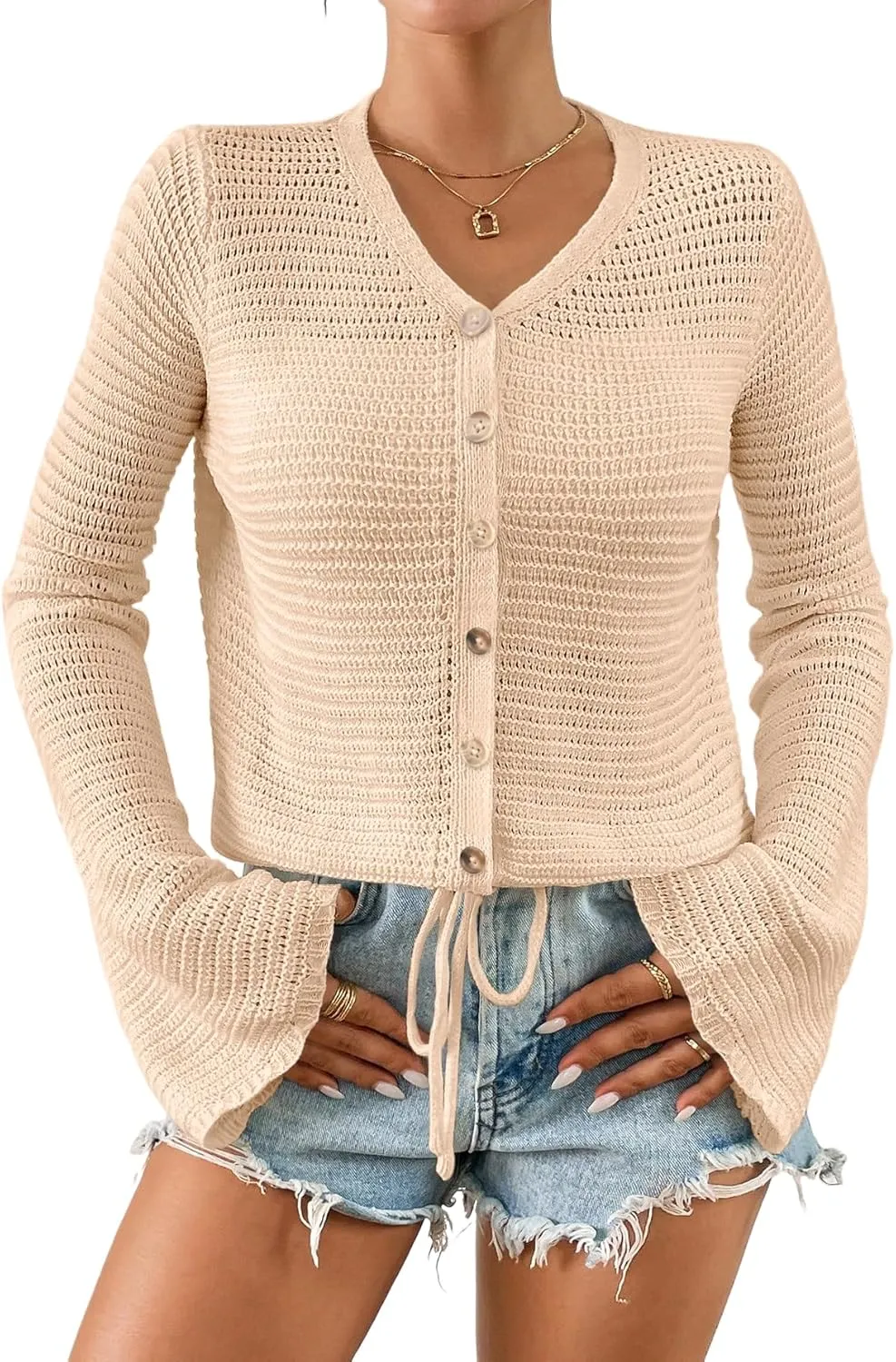 Women's Summer Crochet Lightweight Cardigan Sweater Cropped Button Down Hollow Out Long Sleeve Bolero Shrug