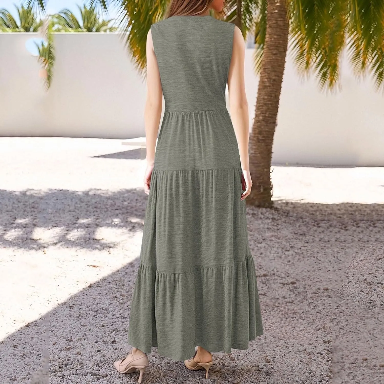 Womens Summer Dress Ruffle Sleeve V Neck Midi Dresses Fashion Casual Fit Flowy Tiered Boho Beach Vacation Sundress