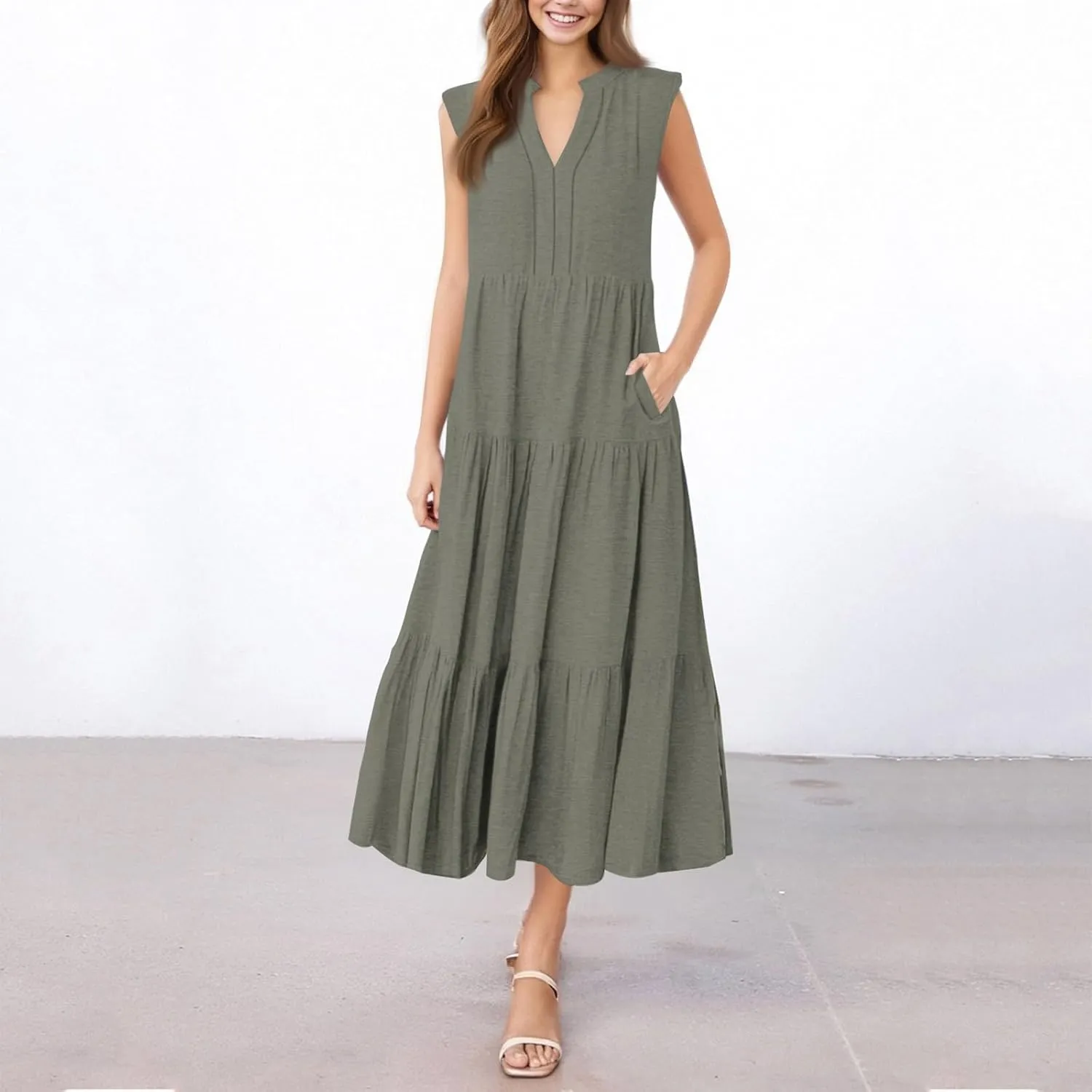 Womens Summer Dress Ruffle Sleeve V Neck Midi Dresses Fashion Casual Fit Flowy Tiered Boho Beach Vacation Sundress