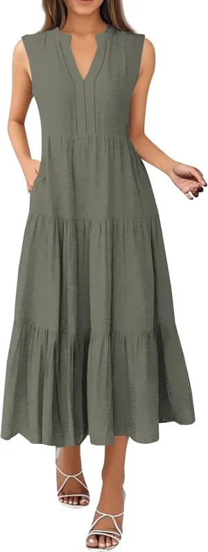 Womens Summer Dress Ruffle Sleeve V Neck Midi Dresses Fashion Casual Fit Flowy Tiered Boho Beach Vacation Sundress