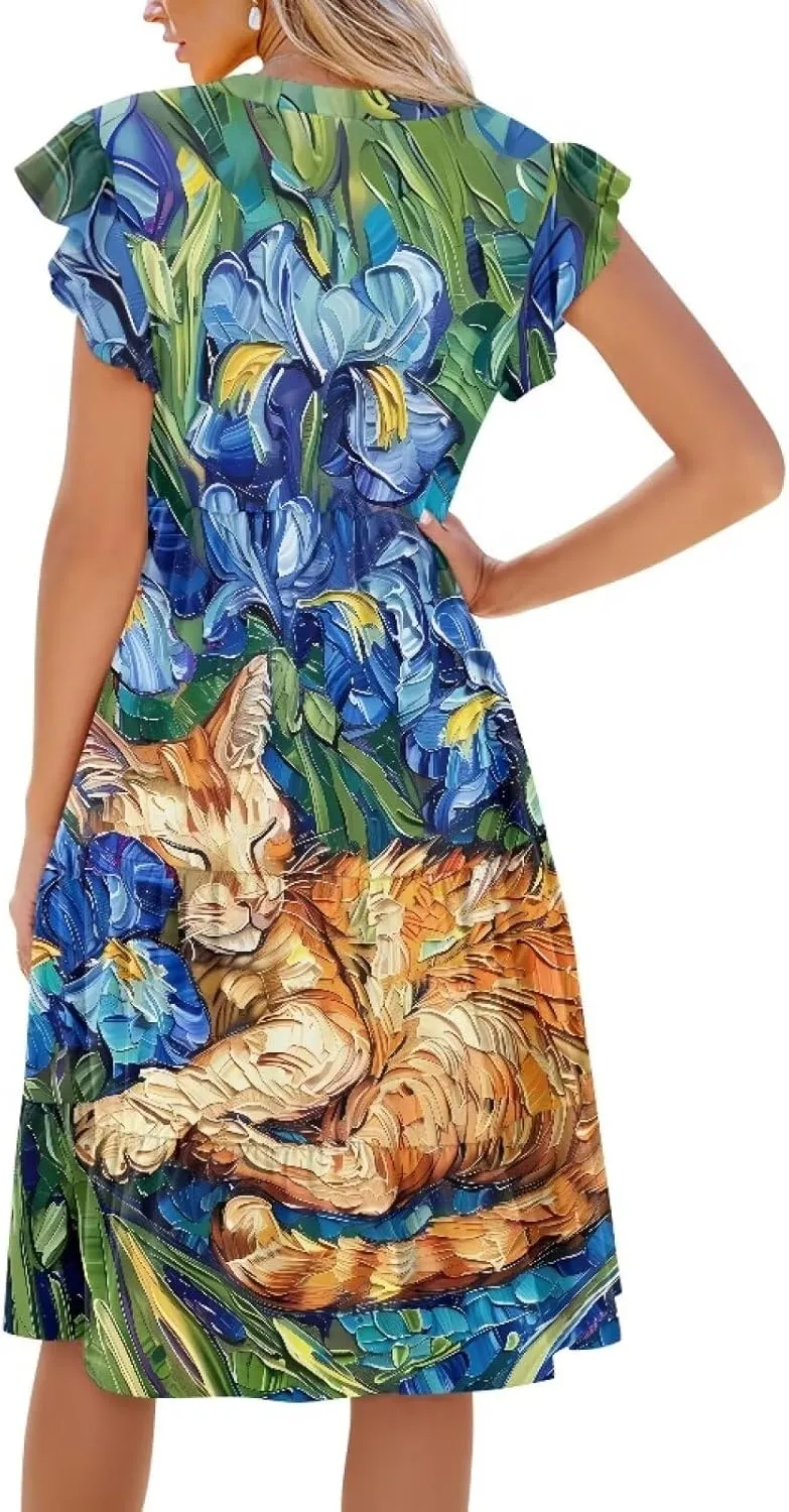 Womens Summer Dresses Short Sleeve A-Line V Neck Midi Wrap Dress Casual Loose Pleated Beach Vacation Sundress