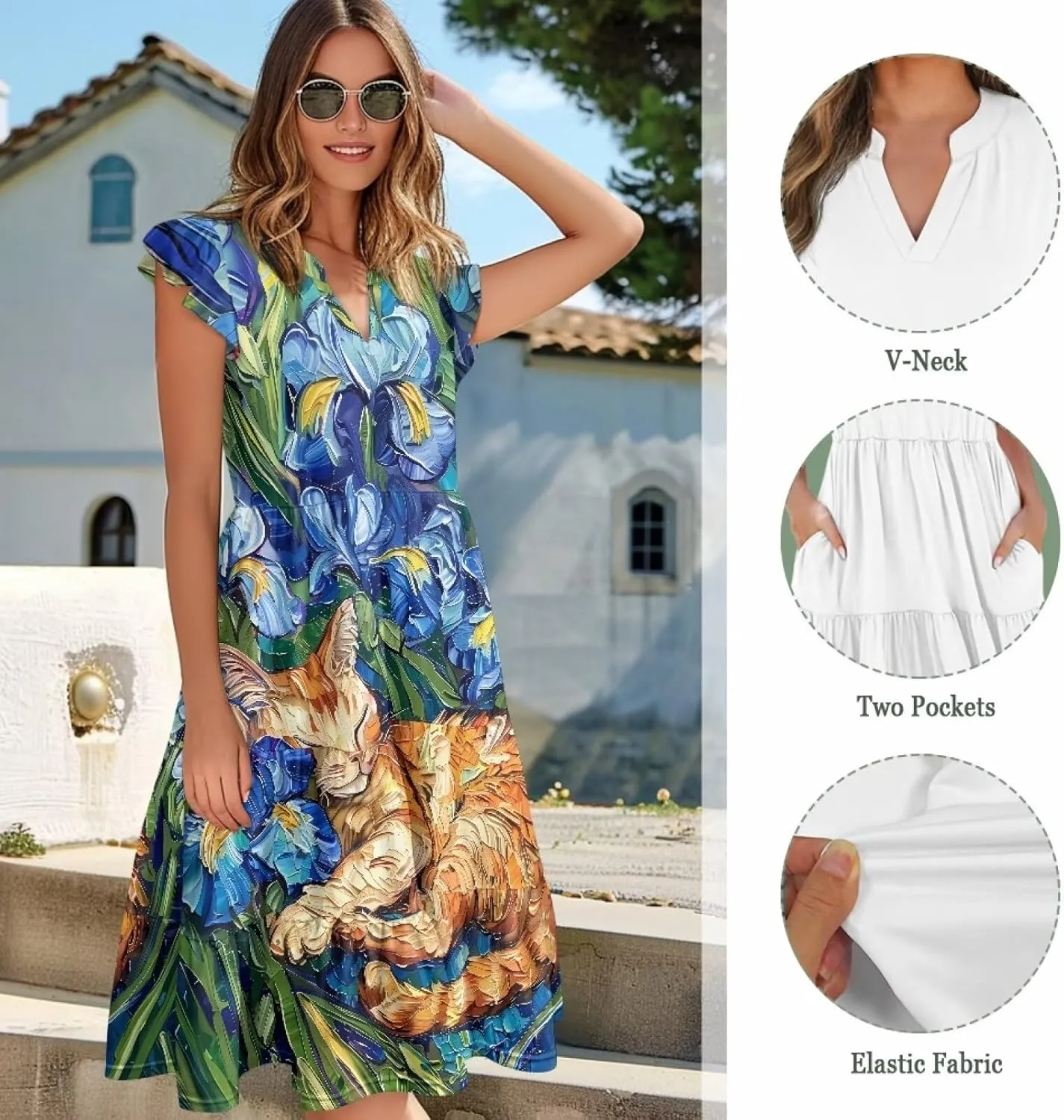 Womens Summer Dresses Short Sleeve A-Line V Neck Midi Wrap Dress Casual Loose Pleated Beach Vacation Sundress