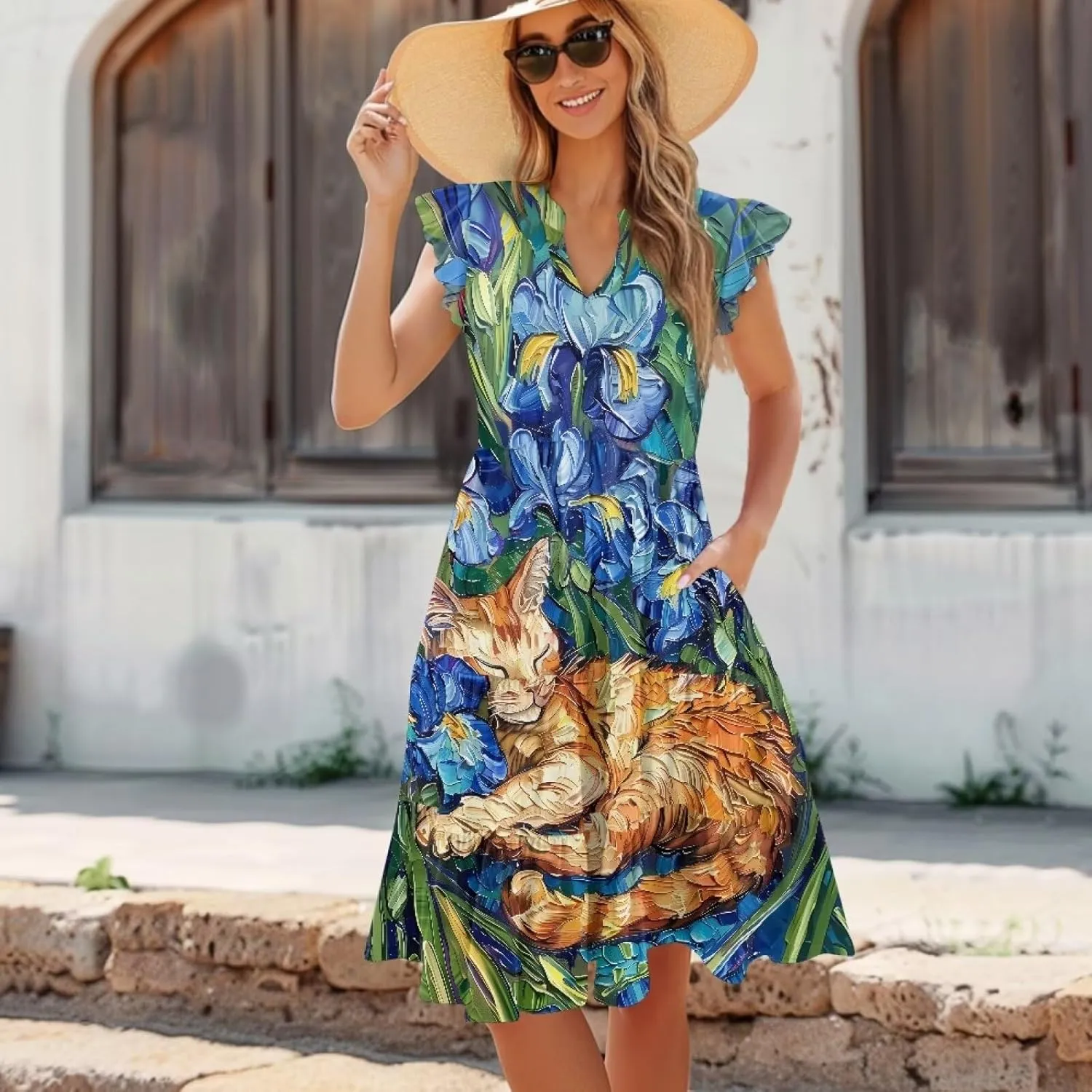 Womens Summer Dresses Short Sleeve A-Line V Neck Midi Wrap Dress Casual Loose Pleated Beach Vacation Sundress