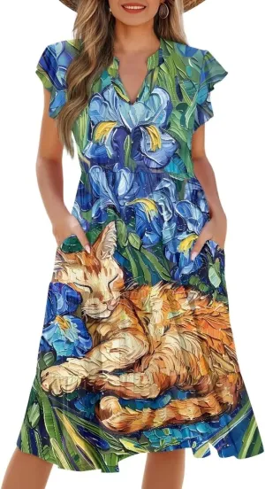 Womens Summer Dresses Short Sleeve A-Line V Neck Midi Wrap Dress Casual Loose Pleated Beach Vacation Sundress