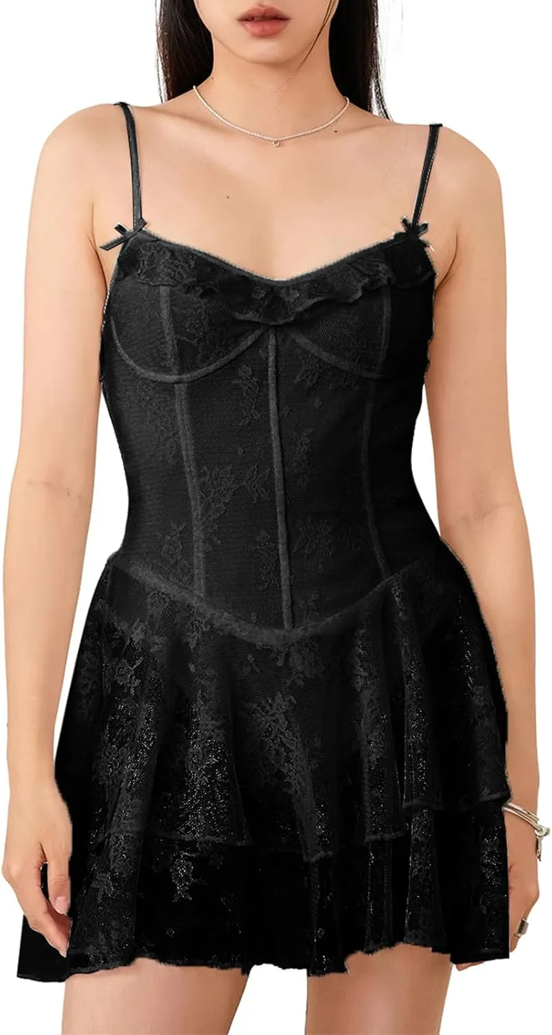 Women's Summer Mini Cami Dress Sleeveless, Backless, Lace Floral Design with Tiered Ruffle Hem for Party Wear