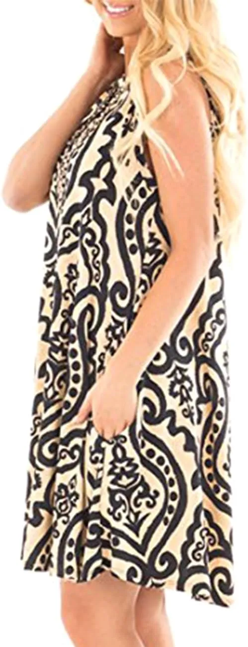 Women's Summer Sleeveless Damask Tunic Top Casual Floral Print T-Shirt Midi Dress with Pocket for Legging