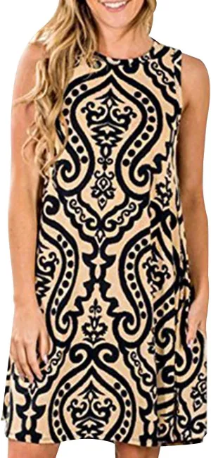 Women's Summer Sleeveless Damask Tunic Top Casual Floral Print T-Shirt Midi Dress with Pocket for Legging
