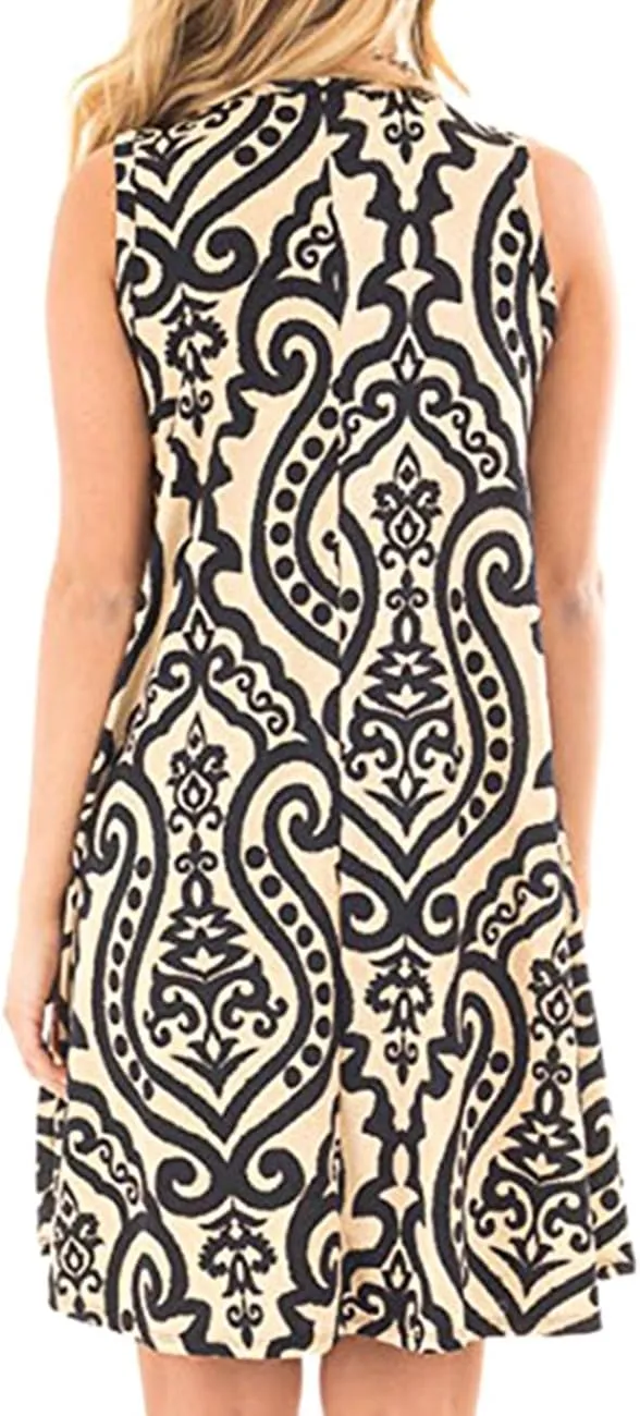 Women's Summer Sleeveless Damask Tunic Top Casual Floral Print T-Shirt Midi Dress with Pocket for Legging