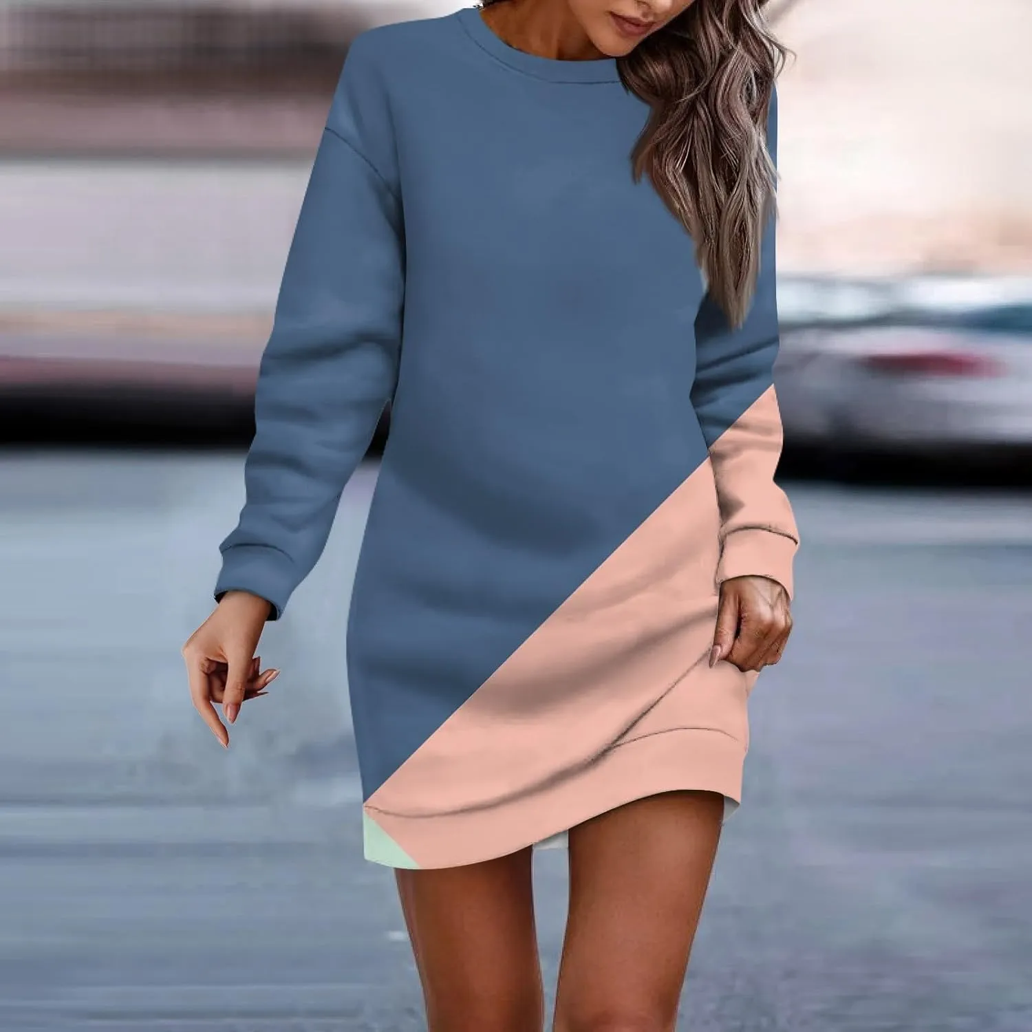 Womens Sweater Dresses 2024 Round Neck Geometric Long Sleeve Hip Wrapped Dress Sweater Dress