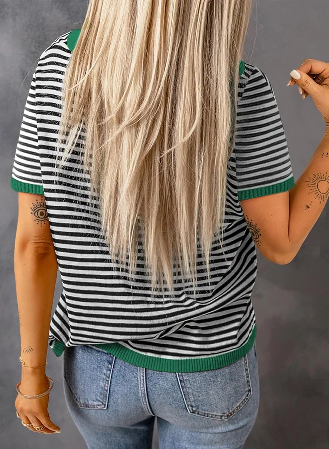 Womens Sweaters Casual Crewneck Short Sleeve Striped Color Block Knitted Cotton Trendy Pullover Sweater Tops