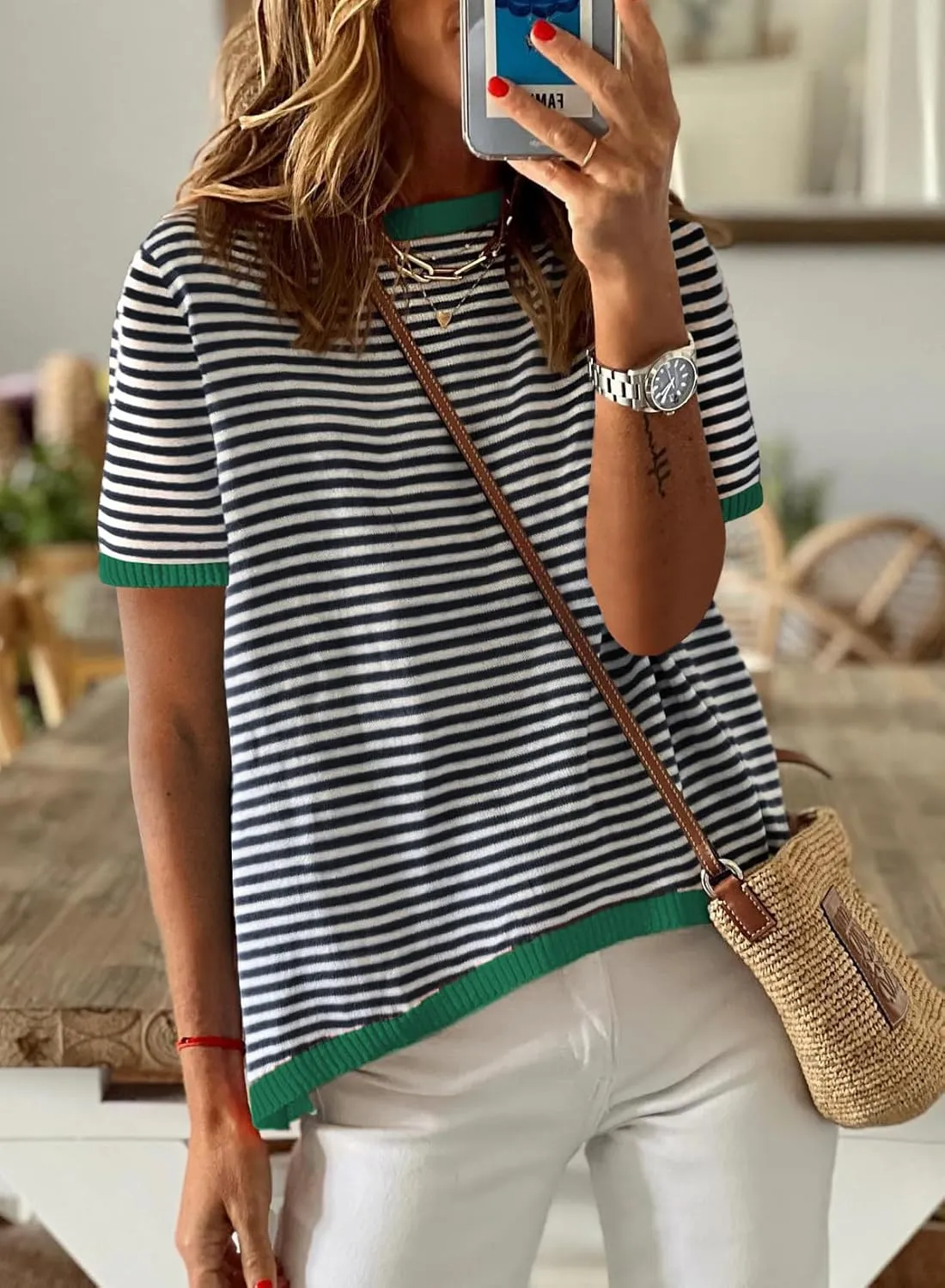 Womens Sweaters Casual Crewneck Short Sleeve Striped Color Block Knitted Cotton Trendy Pullover Sweater Tops