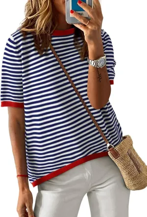 Womens Sweaters Casual Crewneck Short Sleeve Striped Color Block Knitted Cotton Trendy Pullover Sweater Tops