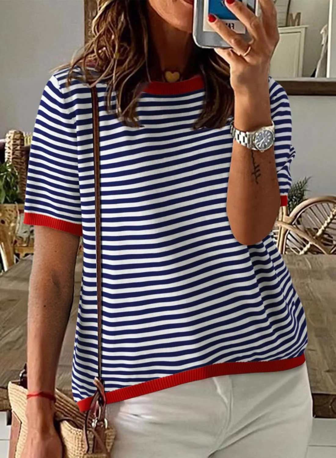 Womens Sweaters Casual Crewneck Short Sleeve Striped Color Block Knitted Cotton Trendy Pullover Sweater Tops