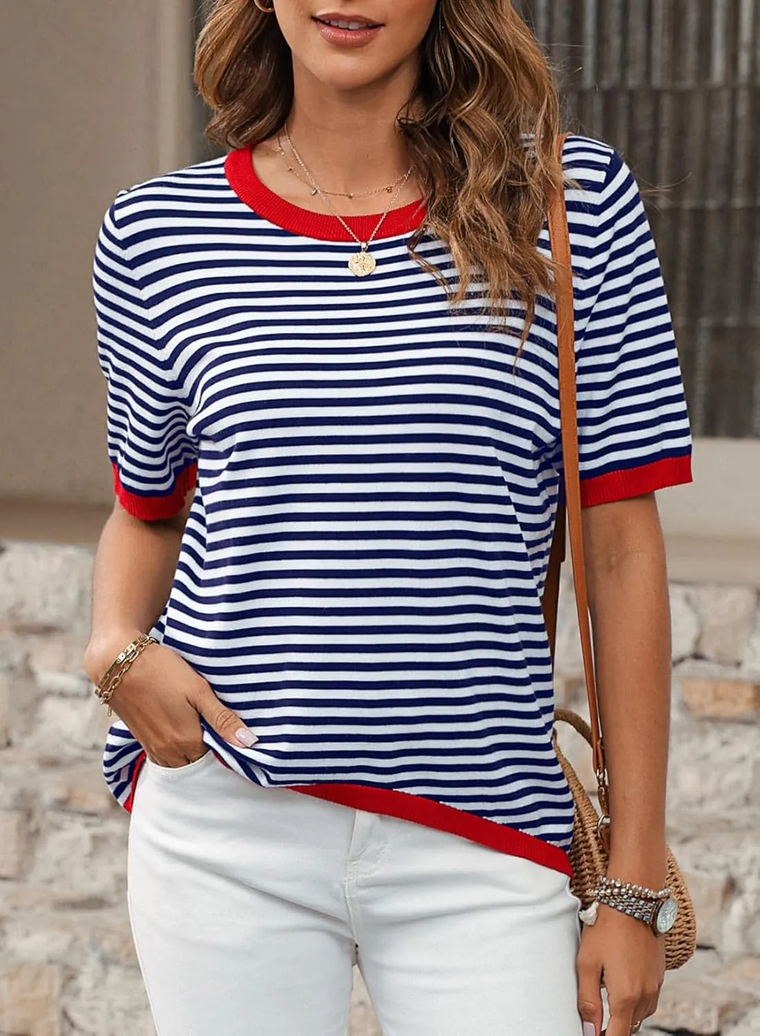 Womens Sweaters Casual Crewneck Short Sleeve Striped Color Block Knitted Cotton Trendy Pullover Sweater Tops