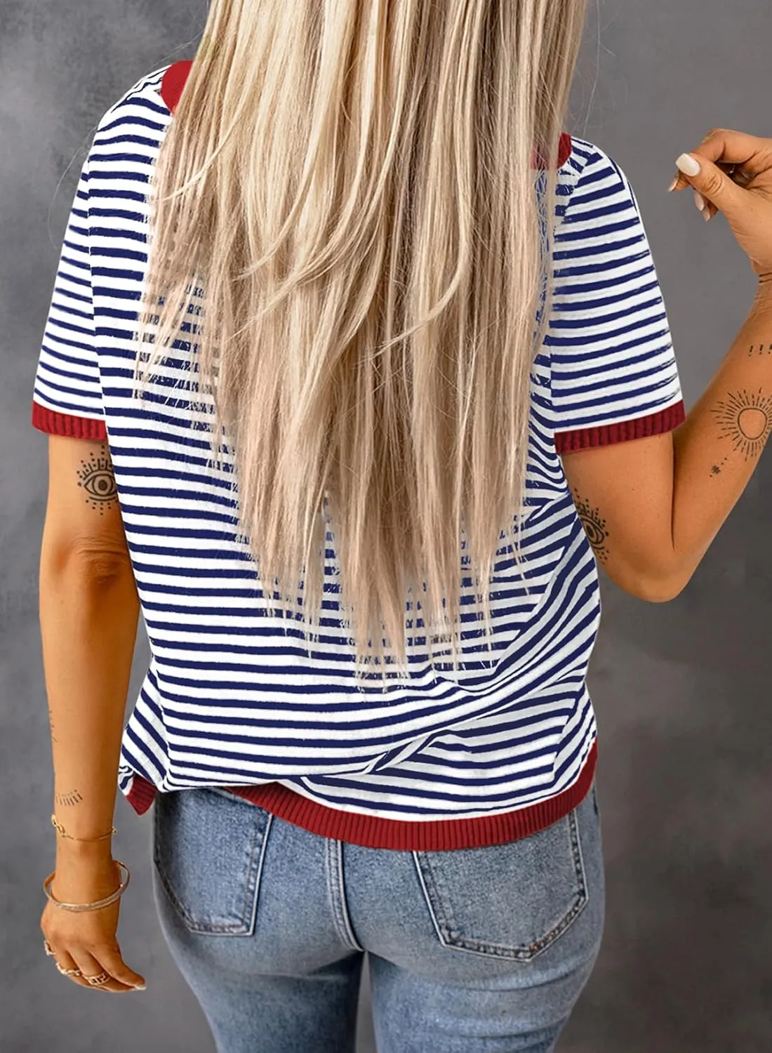 Womens Sweaters Casual Crewneck Short Sleeve Striped Color Block Knitted Cotton Trendy Pullover Sweater Tops