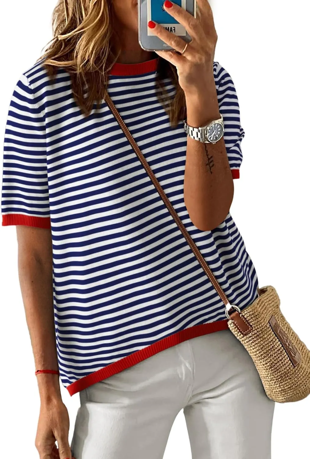 Womens Sweaters Casual Crewneck Short Sleeve Striped Color Block Knitted Cotton Trendy Pullover Sweater Tops