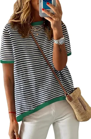 Womens Sweaters Casual Crewneck Short Sleeve Striped Color Block Knitted Cotton Trendy Pullover Sweater Tops