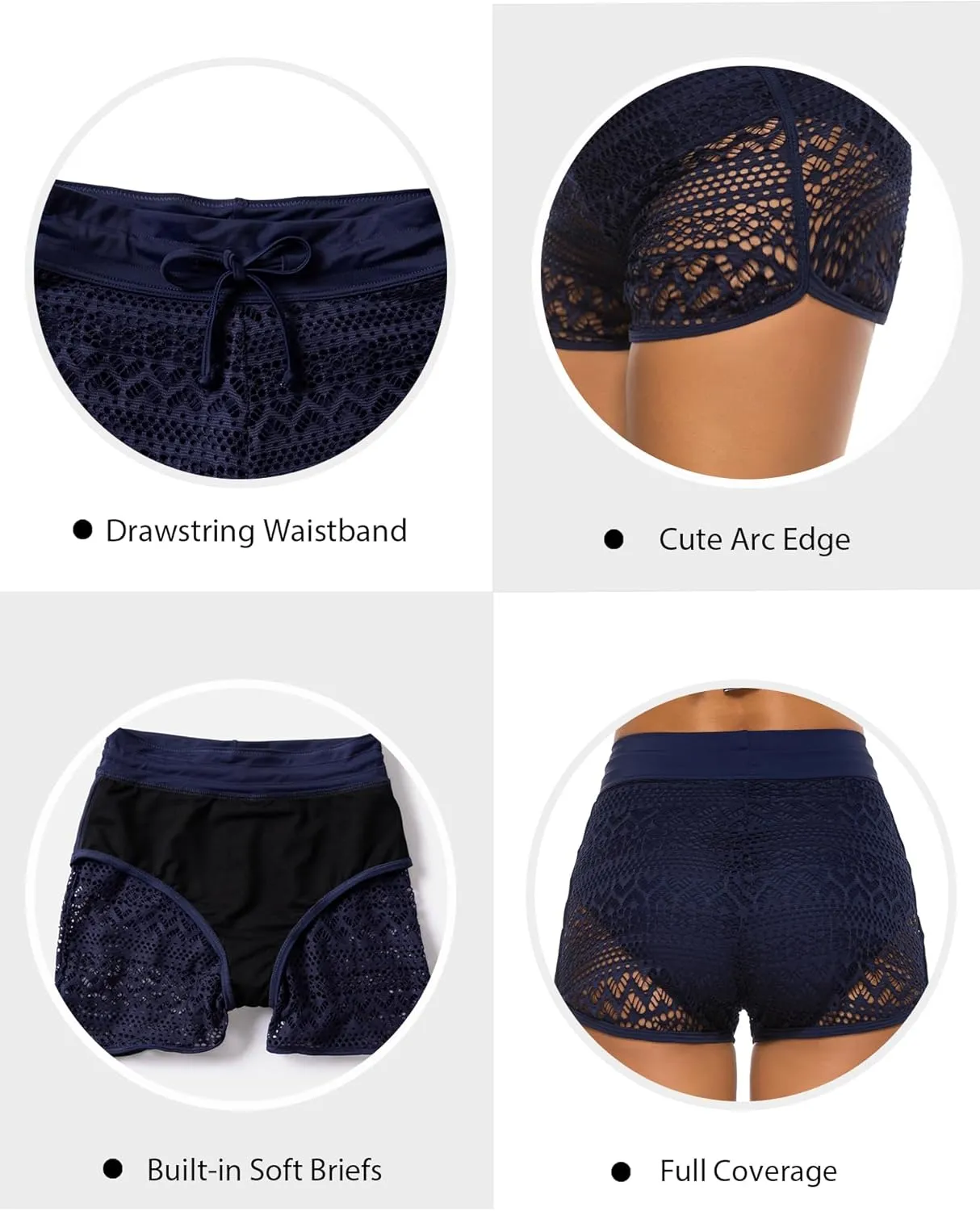 Women's Swim Shorts High Waisted Bathing Suit Lace Bottoms Swimsuit Bottoms Swimwear Bikini Board Shorts