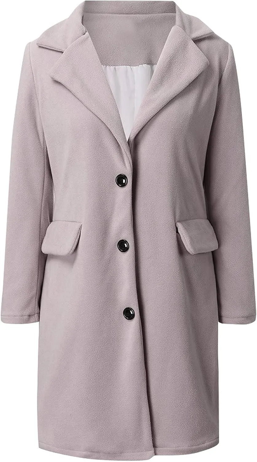 Womens Trench Coat Elegant Notched Collar Single Breasted Peacoat Trendy Casual Long Sleeve Woolen Blend Overcoats