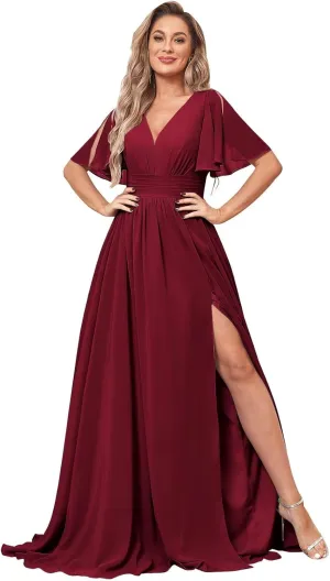 Women's V Neck Long Bridesmaid Dresses with Pockets Flutter Sleeve Chiffon Slit Formal Evening Gown