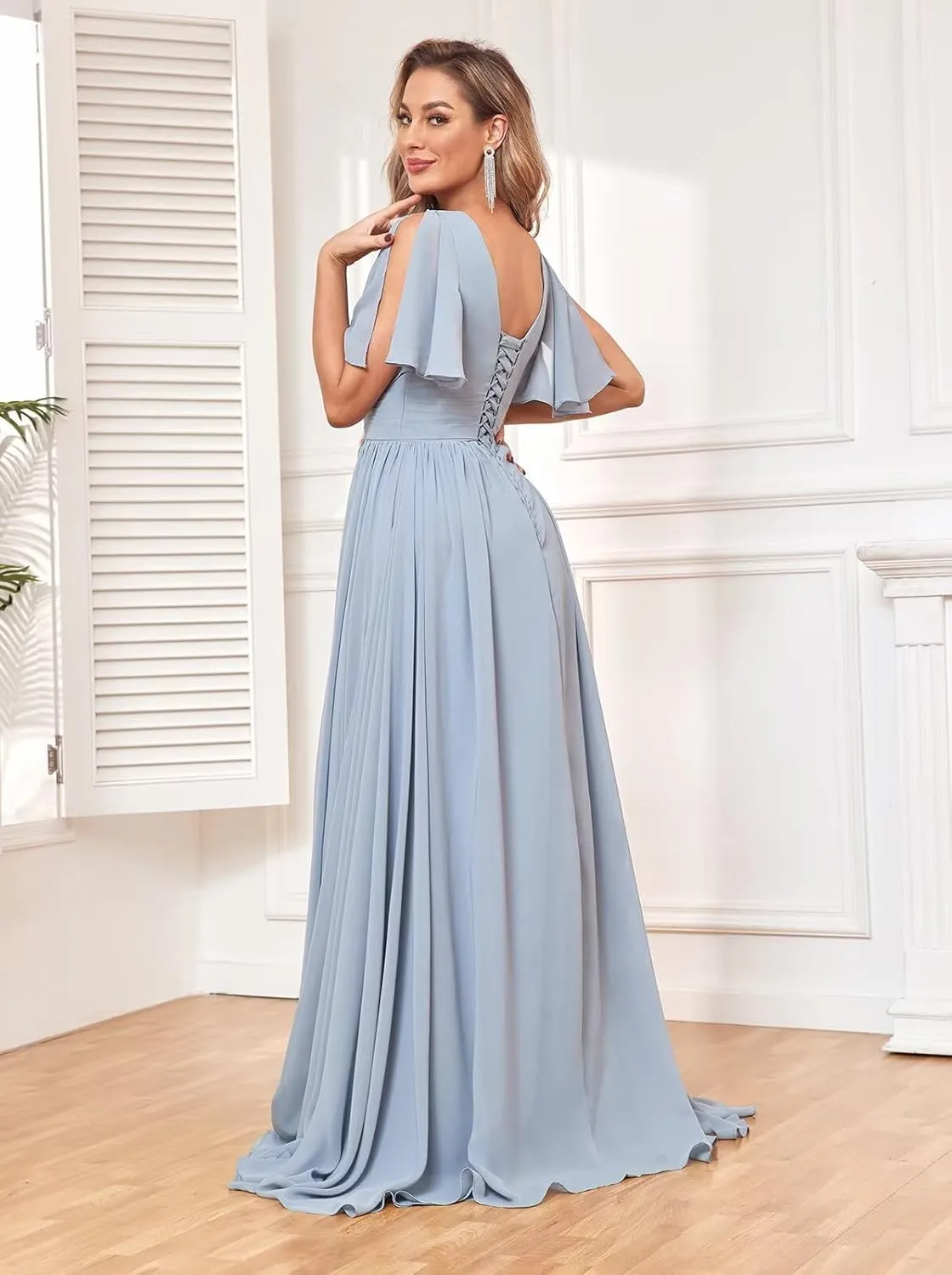 Women's V Neck Long Bridesmaid Dresses with Pockets Flutter Sleeve Chiffon Slit Formal Evening Gown