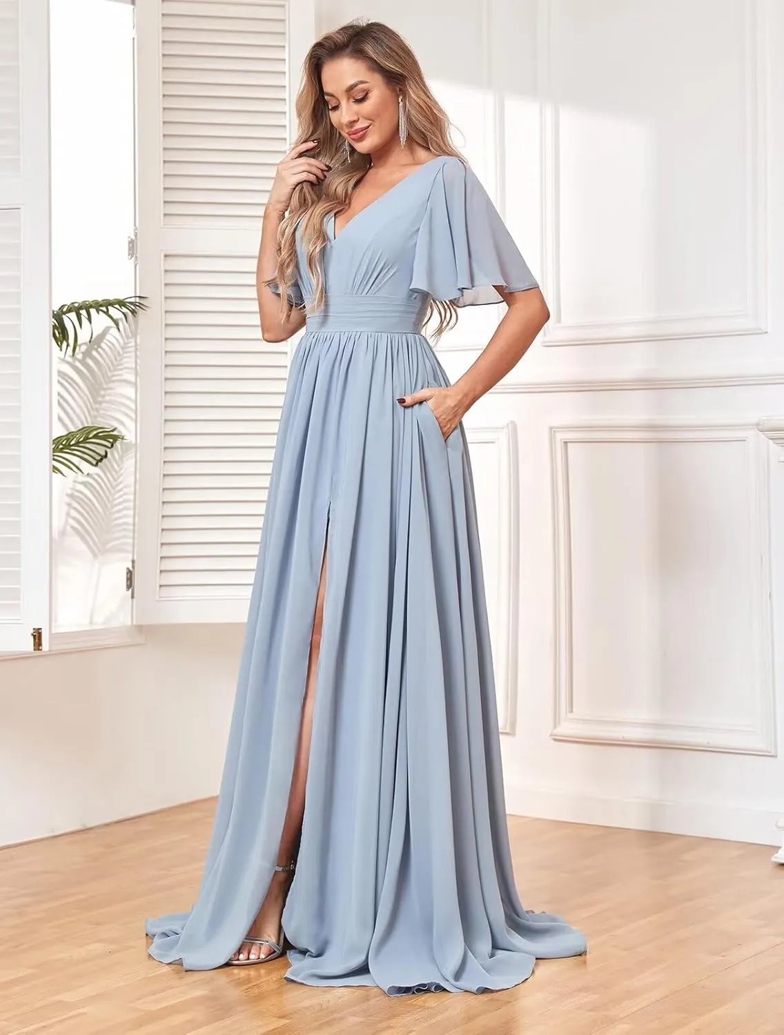 Women's V Neck Long Bridesmaid Dresses with Pockets Flutter Sleeve Chiffon Slit Formal Evening Gown