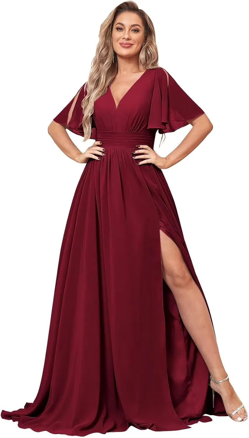 Women's V Neck Long Bridesmaid Dresses with Pockets Flutter Sleeve Chiffon Slit Formal Evening Gown