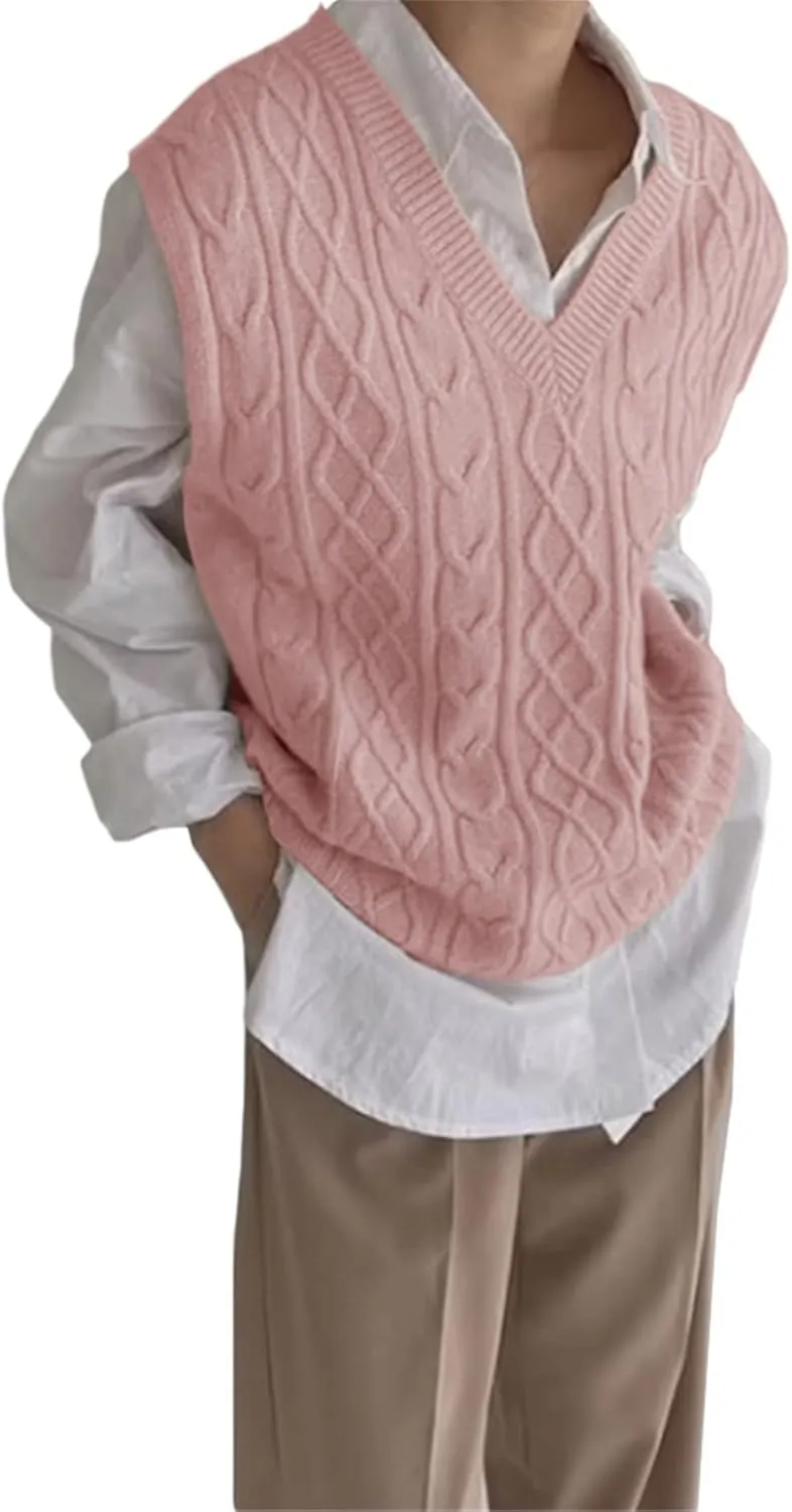 Women's V Neck Sweater Vest Oversized Sleeveless Loose Knit Tops Cable Sleeveless Sweater