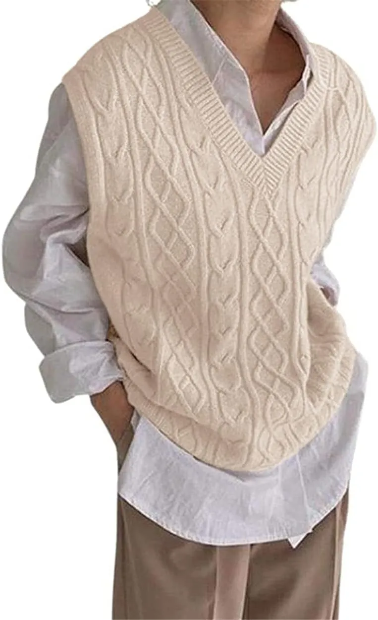 Women's V Neck Sweater Vest Oversized Sleeveless Loose Knit Tops Cable Sleeveless Sweater