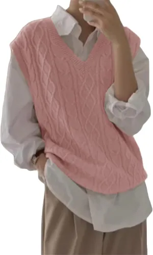 Women's V Neck Sweater Vest Oversized Sleeveless Loose Knit Tops Cable Sleeveless Sweater