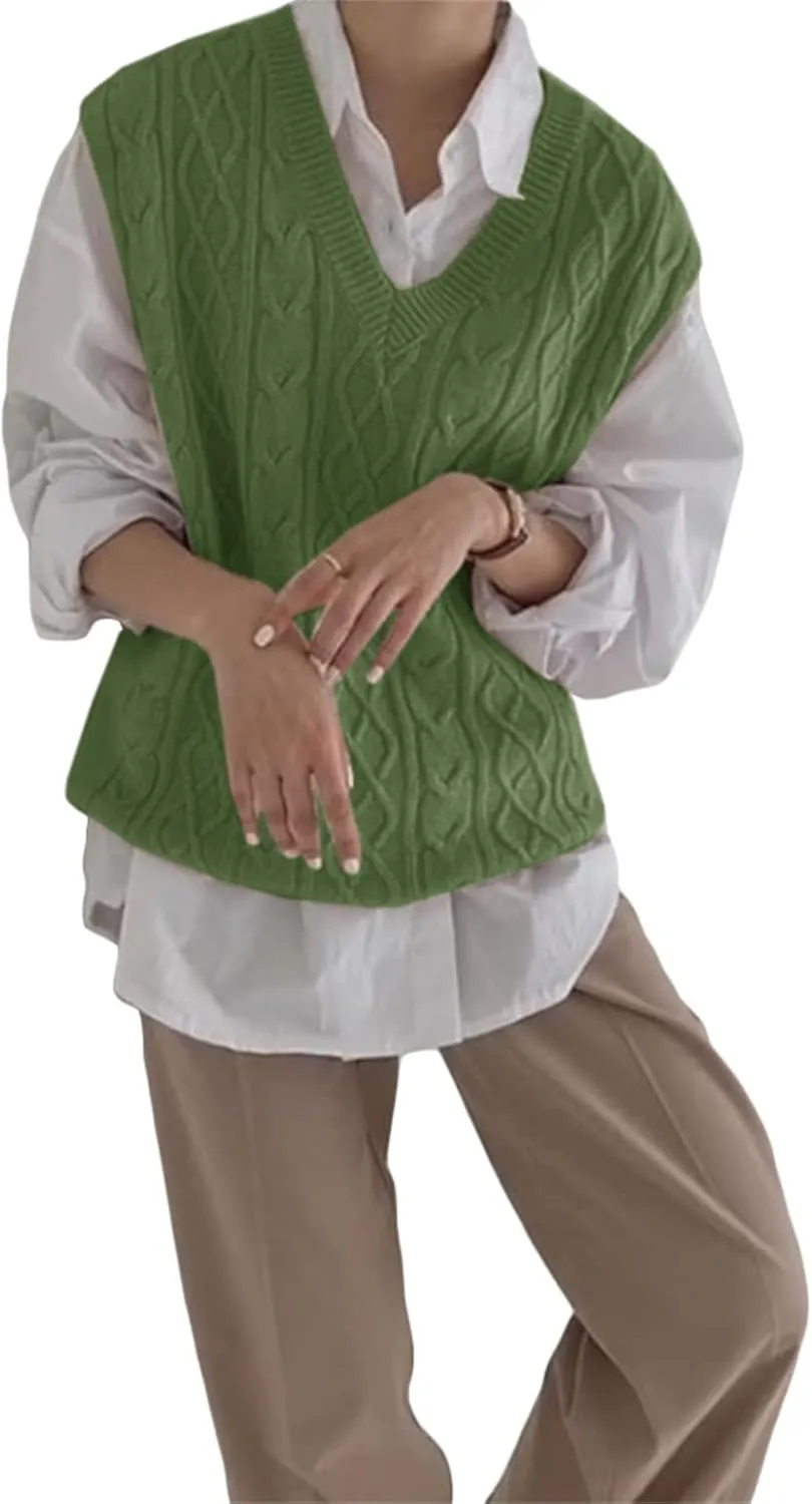 Women's V Neck Sweater Vest Oversized Sleeveless Loose Knit Tops Cable Sleeveless Sweater
