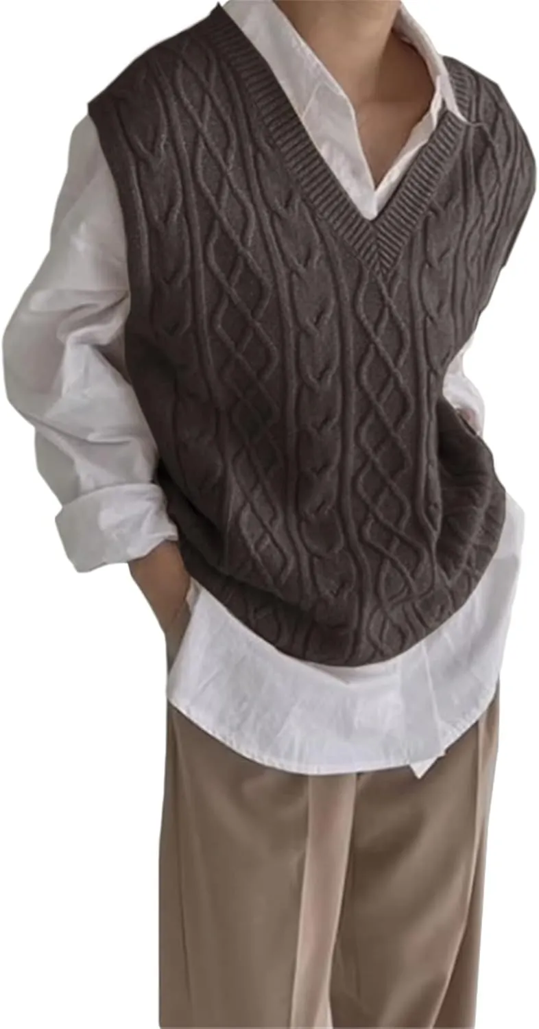 Women's V Neck Sweater Vest Oversized Sleeveless Loose Knit Tops Cable Sleeveless Sweater
