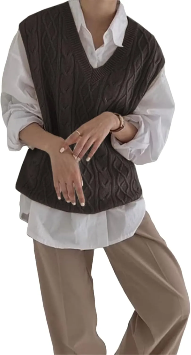 Women's V Neck Sweater Vest Oversized Sleeveless Loose Knit Tops Cable Sleeveless Sweater