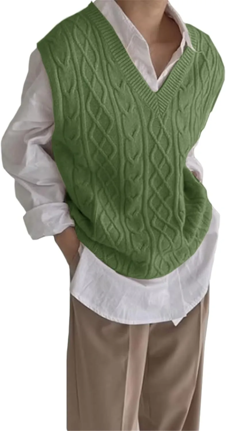 Women's V Neck Sweater Vest Oversized Sleeveless Loose Knit Tops Cable Sleeveless Sweater