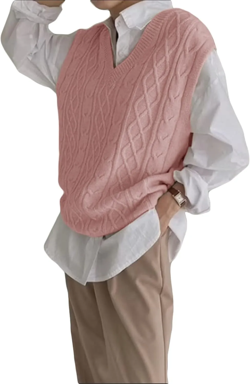 Women's V Neck Sweater Vest Oversized Sleeveless Loose Knit Tops Cable Sleeveless Sweater