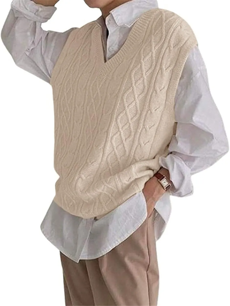 Women's V Neck Sweater Vest Oversized Sleeveless Loose Knit Tops Cable Sleeveless Sweater