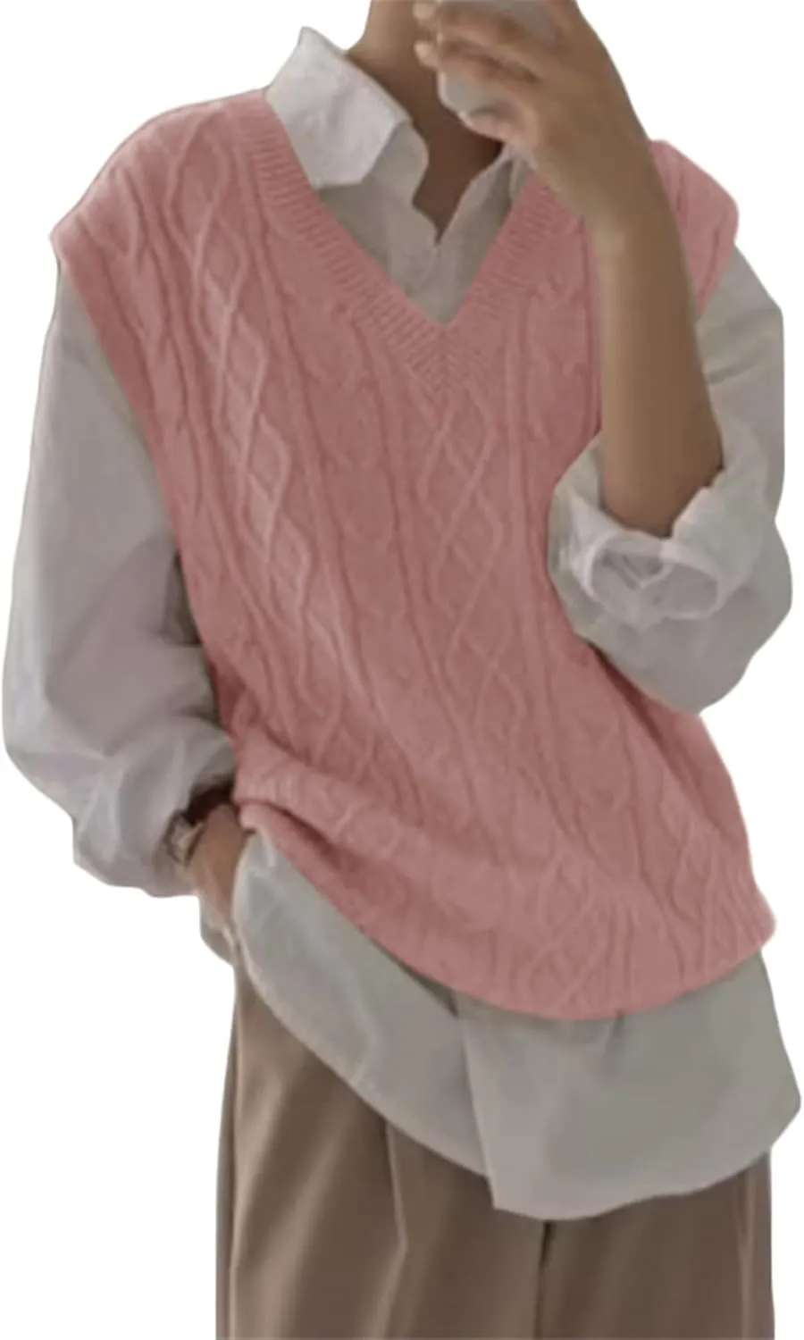 Women's V Neck Sweater Vest Oversized Sleeveless Loose Knit Tops Cable Sleeveless Sweater