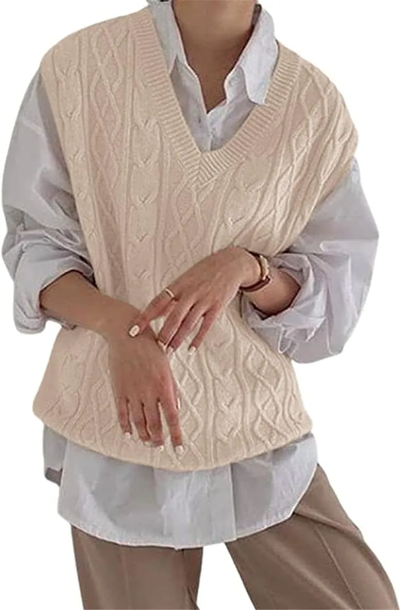 Women's V Neck Sweater Vest Oversized Sleeveless Loose Knit Tops Cable Sleeveless Sweater