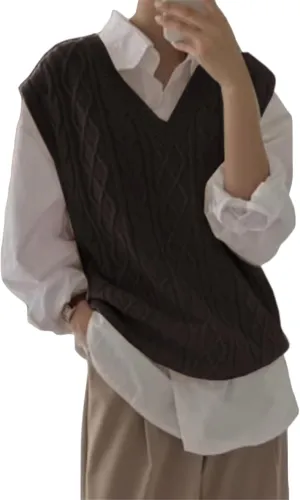 Women's V Neck Sweater Vest Oversized Sleeveless Loose Knit Tops Cable Sleeveless Sweater