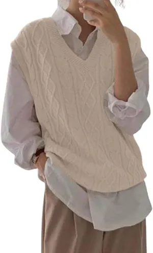 Women's V Neck Sweater Vest Oversized Sleeveless Loose Knit Tops Cable Sleeveless Sweater