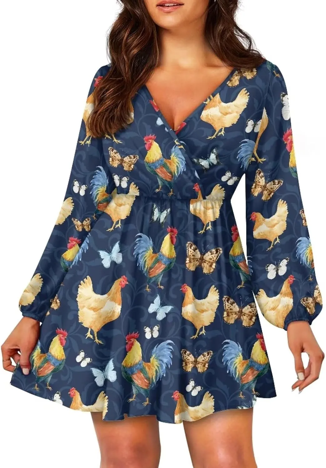 Women's V Neck Wrap Dress Long Sleeve A Line Ruffle Flowy Sundress High Waist Casual Mini Swing Skater Dresses