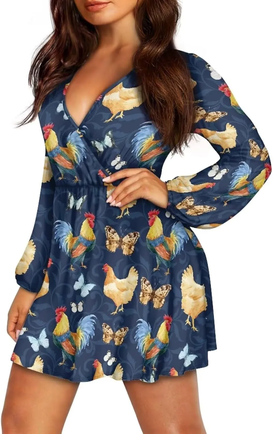 Women's V Neck Wrap Dress Long Sleeve A Line Ruffle Flowy Sundress High Waist Casual Mini Swing Skater Dresses