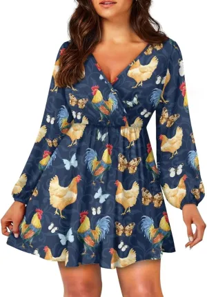 Women's V Neck Wrap Dress Long Sleeve A Line Ruffle Flowy Sundress High Waist Casual Mini Swing Skater Dresses