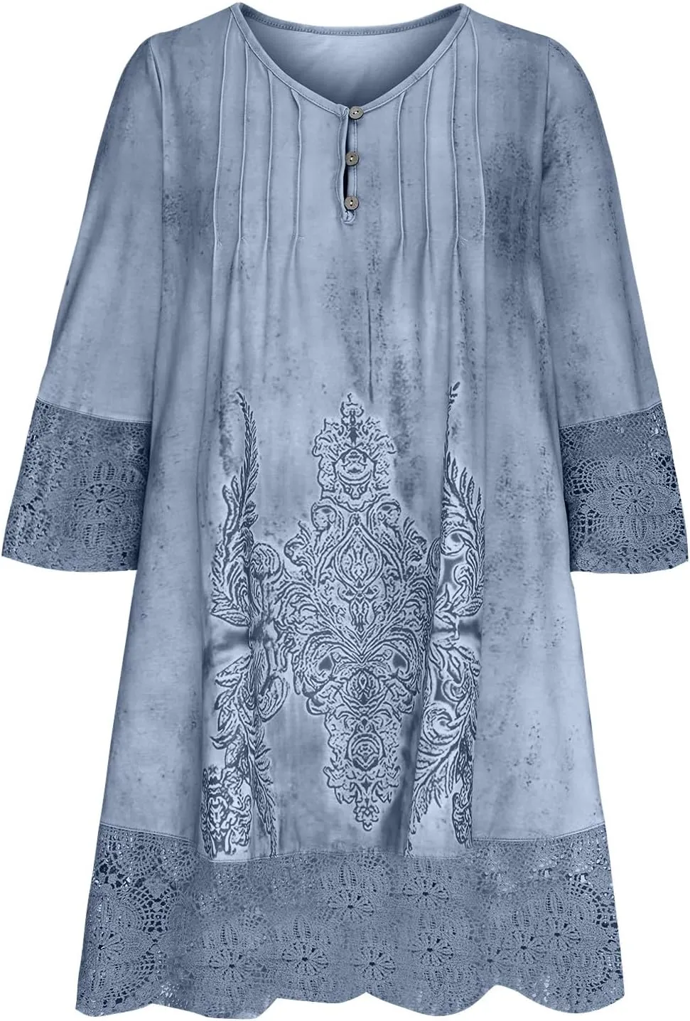 Women's Vintage Floral Crochet T-Shirt Dress Lace Embroidered Short Dresses 3/4 Sleeve V-Neck Loose Mini Sundress